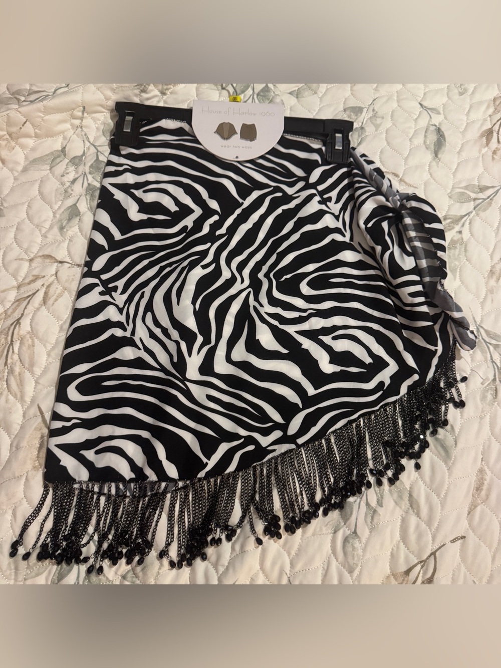 NWT House of Harlow 1960 Zebra Print Fringe Wrap Skirt Sarong Scarf